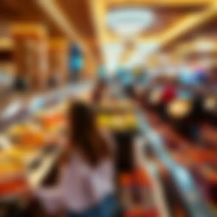 Aerial view of a bustling buffet line with diverse food selections