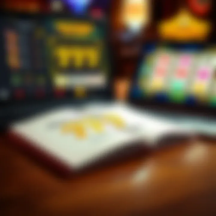 A strategic guide opened next to a laptop featuring 777 slots