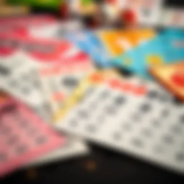 A close-up of colorful bingo cards spread across a table.