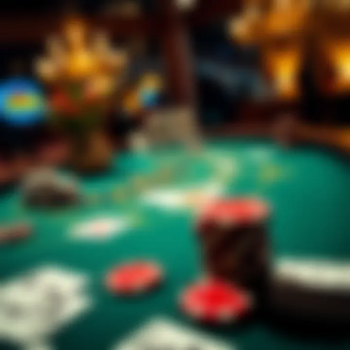 An intricate depiction of a blackjack table with cards and chips