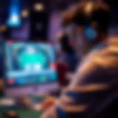 A player focused on a computer screen displaying an online poker game