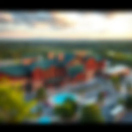 An aerial view of the Great Wolf Lodge Casino showcasing its unique architecture