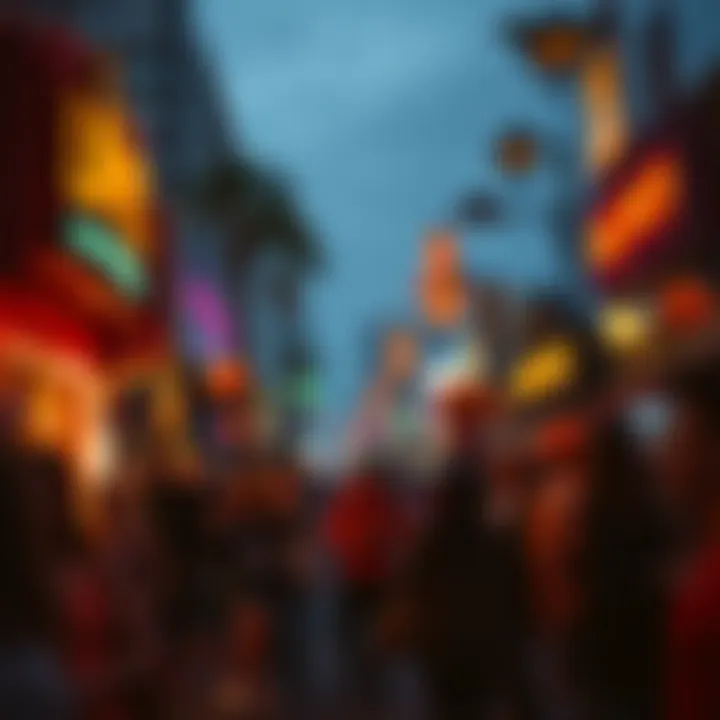 A lively street scene with revelers celebrating Halloween