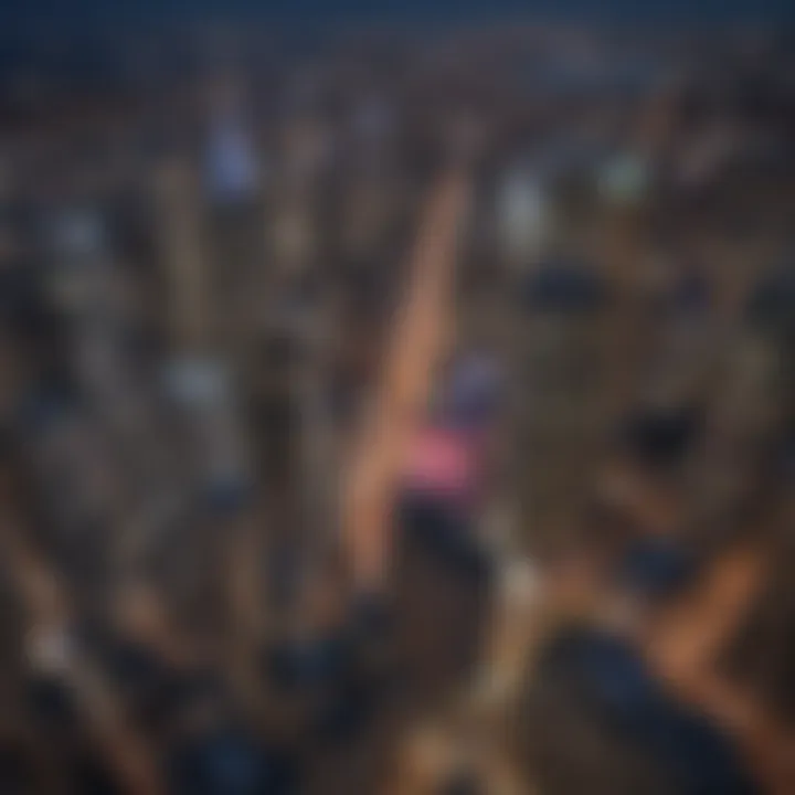 An aerial view of New York City at night, with hotel casinos lighting up the skyline.