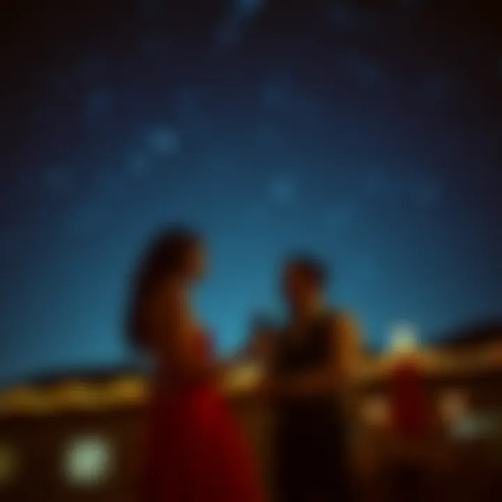 A romantic scene set against a starry night sky