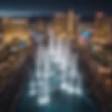 An aerial view capturing the majestic fountains along the Las Vegas Strip