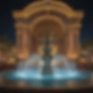 A breathtaking view of a casino fountain illuminated at night