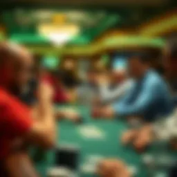 A vibrant poker tournament scene with players engaged at their tables