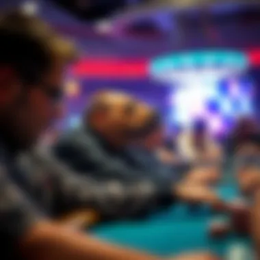A dynamic image capturing the excitement of a live poker tournament, highlighting players deep in concentration