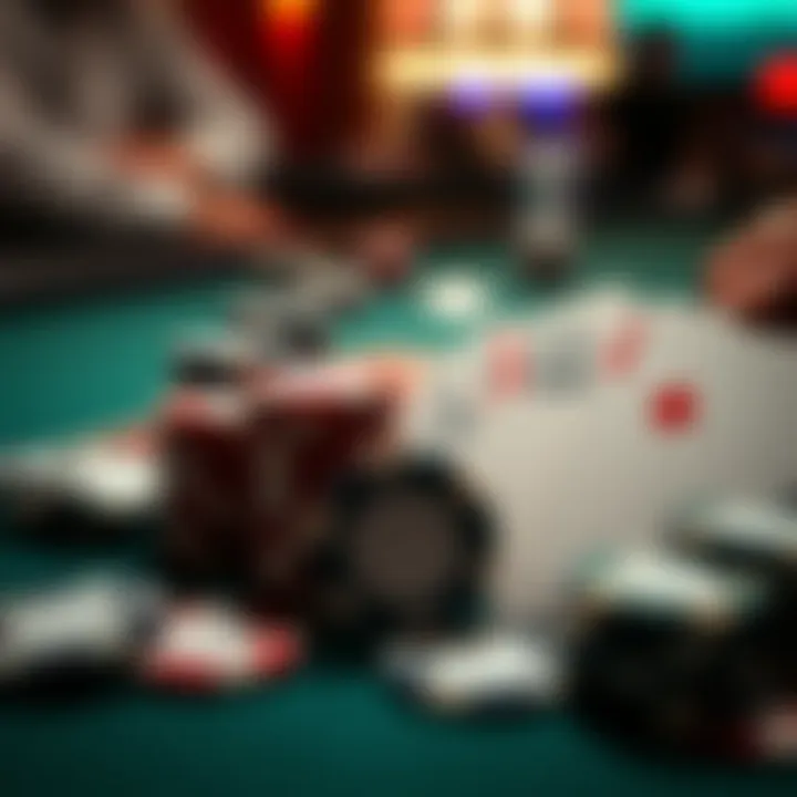 Close-up of poker chips and cards arranged strategically on a table, symbolizing the essence of competitive play