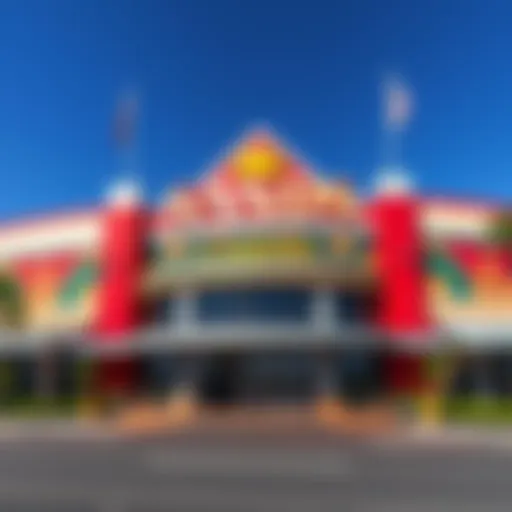 A panoramic view of Sands Casino Reno showcasing its vibrant exterior and entrance.