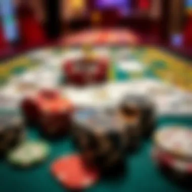 An assortment of casino game chips and cards on a vibrant table