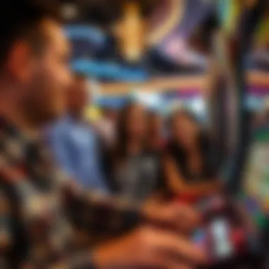 Group of enthusiastic players gathered around a slot machine