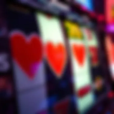 Close-up view of a hearts slot machine with vibrant symbols