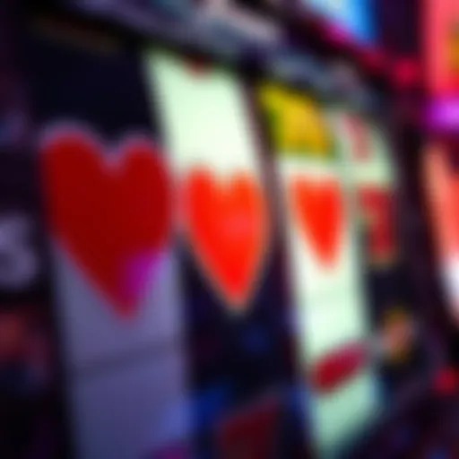 Close-up view of a hearts slot machine with vibrant symbols