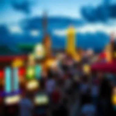 A panoramic view of Tunica's casino strip, showcasing vibrant lights and bustling activity.