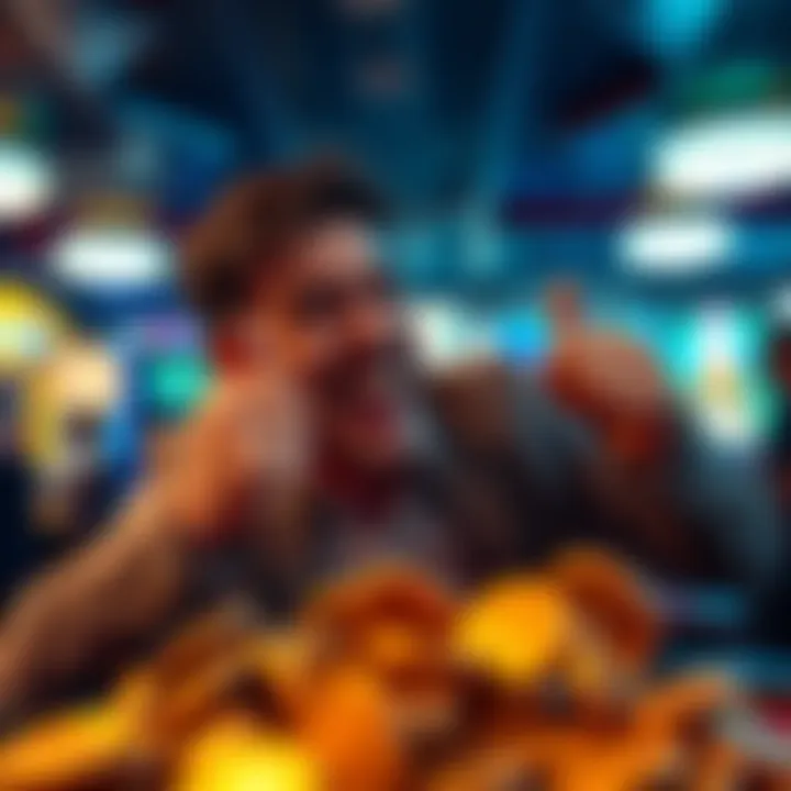 A cheerful player celebrating a win with virtual coins.