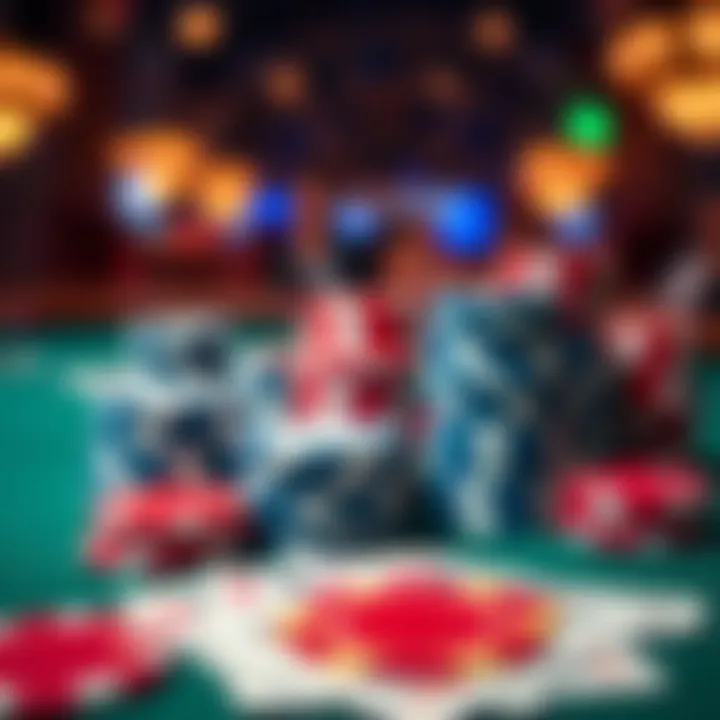 A detailed view of poker chips and cards on a table