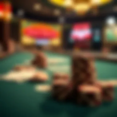 Close-up of a poker table with chips and cards