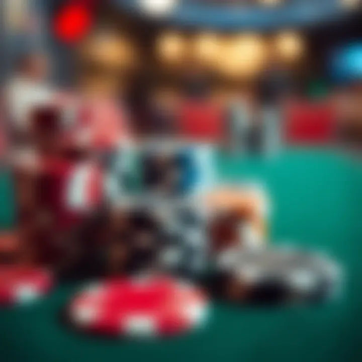 Close-up of poker chips arranged strategically on a table