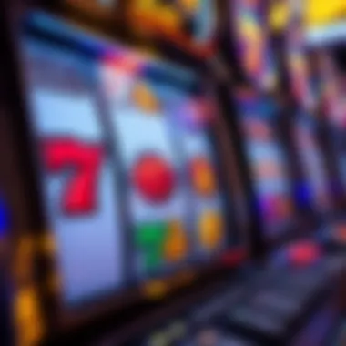 Close-up of a vibrant slot machine display showing various symbols and lights