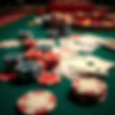 An assortment of casino chips and playing cards laid out on a gaming table.