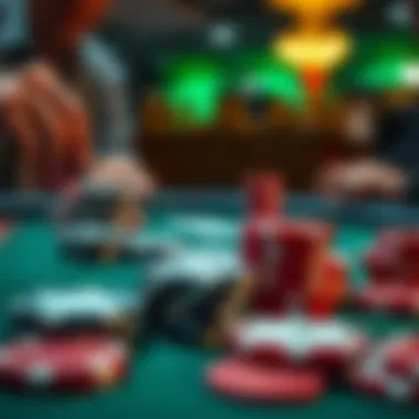 Close-up of poker chips and cards during a strategic moment